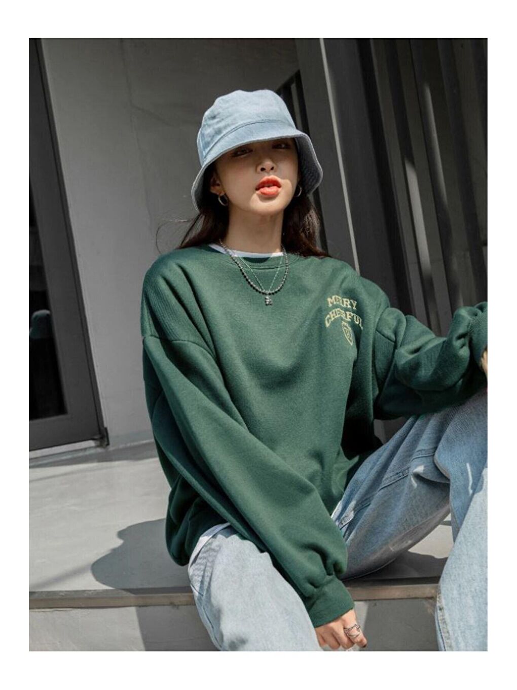 Kadın Yeşil Merry Cheerful Baskılı Oversize Bisiklet Yaka Sweatshirt-2