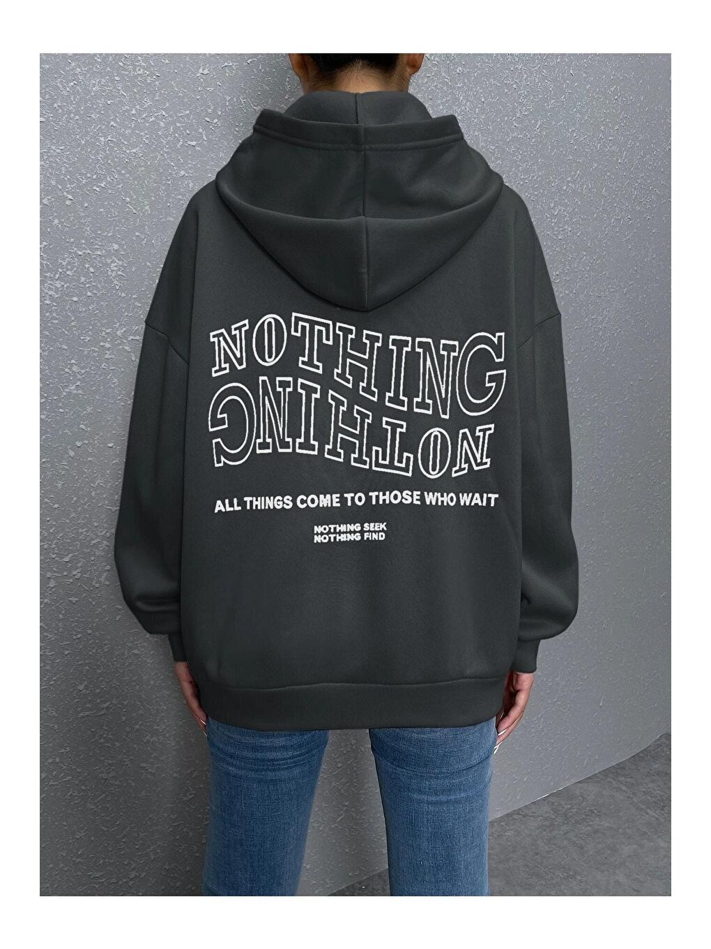 Trendseninle Gri Kadın GRİ Ters Düz Nothing Baskılı Oversize Sweatshirt - 3