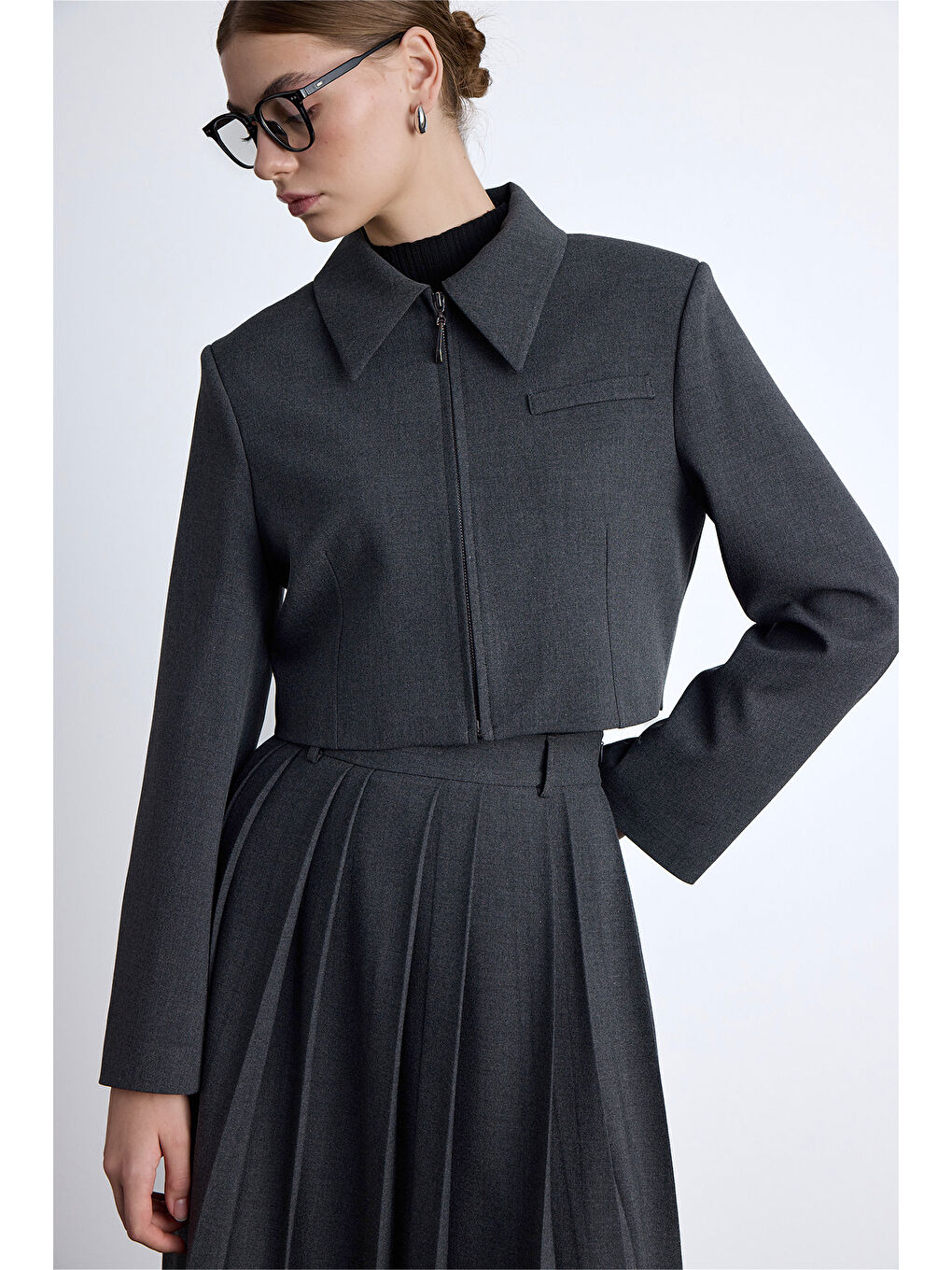 Klasik Kesim Crop Blazer Ceket Antrasit-6