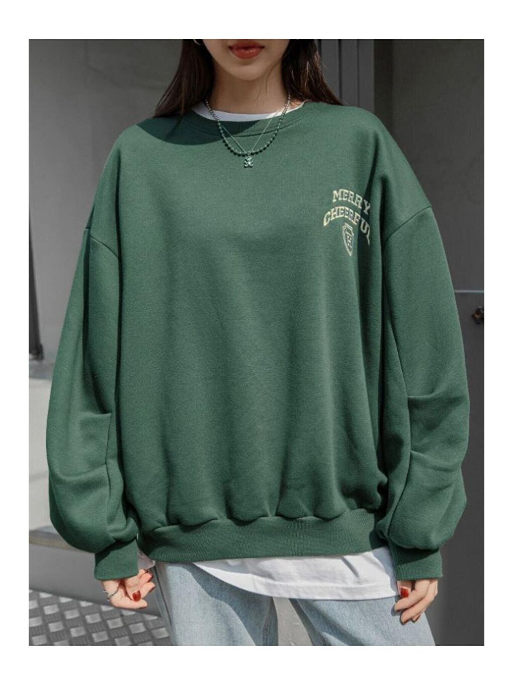 Kadın Yeşil Merry Cheerful Baskılı Oversize Bisiklet Yaka Sweatshirt-3