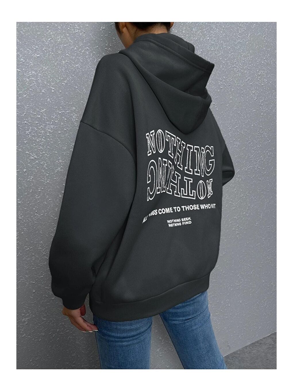 Trendseninle Gri Kadın GRİ Ters Düz Nothing Baskılı Oversize Sweatshirt - 4