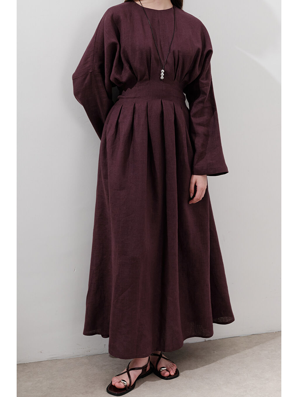 Keten Pile Detaylı Elbise Mürdüm-1