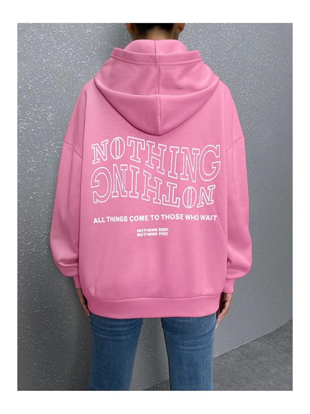 Trendseninle Pembe Kadın PEMBE Ters Düz Nothing Baskılı Oversize Sweatshirt - 2