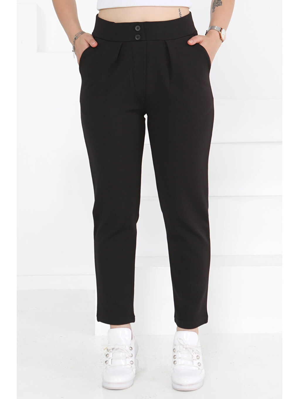 Çift Düğmeli Spor Pantolon Siyah - 27352-1