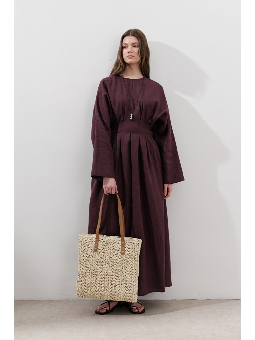 Keten Pile Detaylı Elbise Mürdüm-2