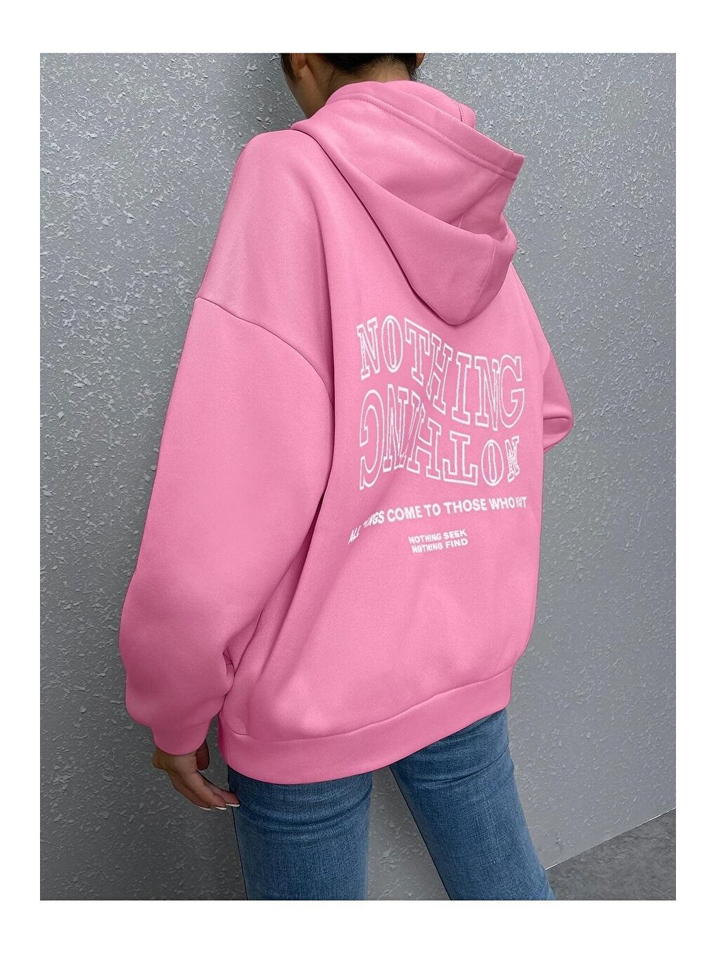 Trendseninle Pembe Kadın PEMBE Ters Düz Nothing Baskılı Oversize Sweatshirt - 3