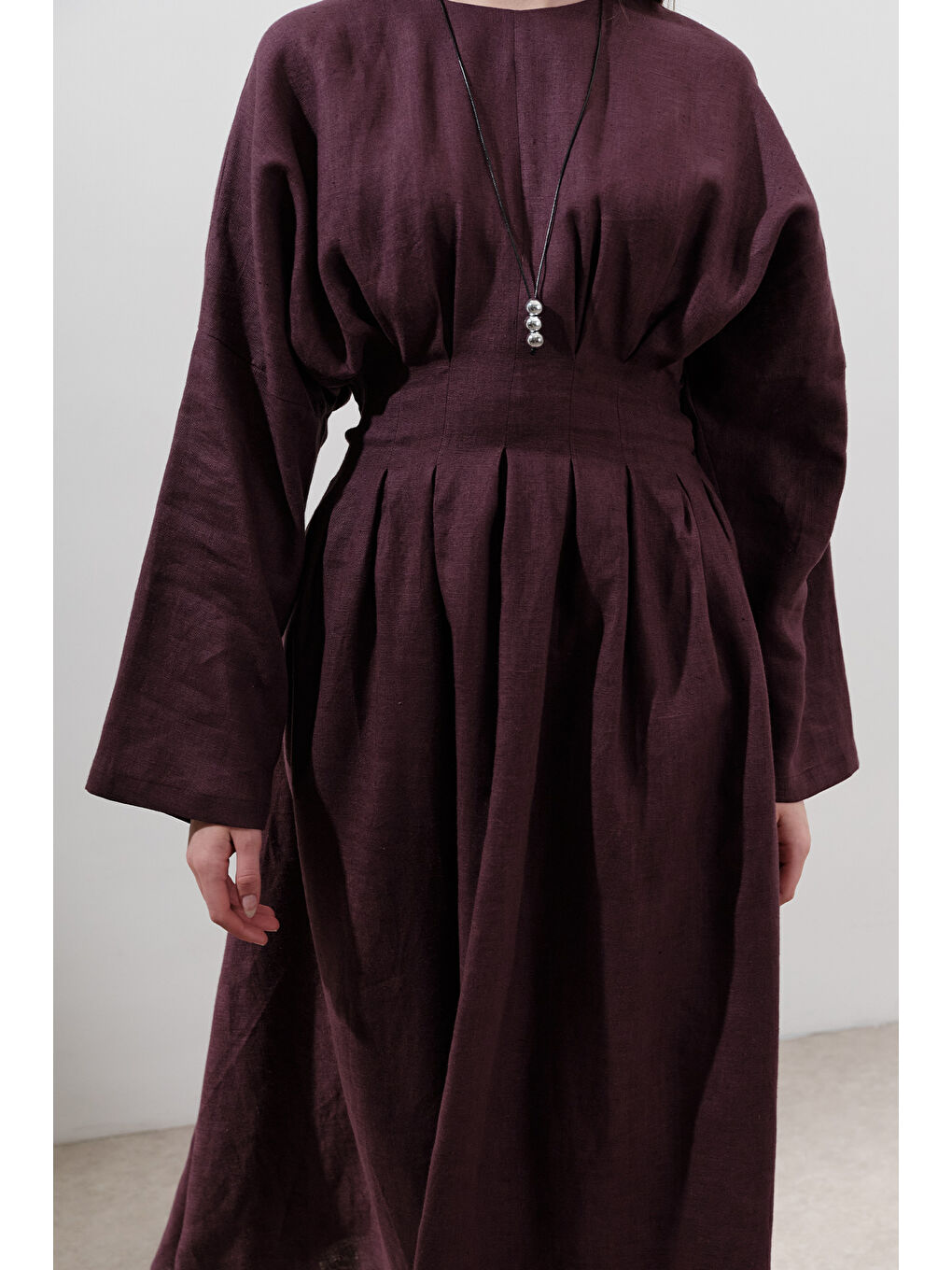 Keten Pile Detaylı Elbise Mürdüm-3