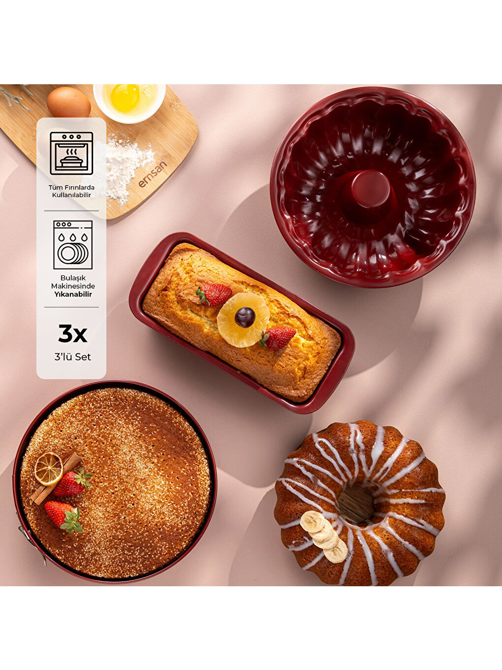 Wellbake 3'lü Kek Kalıbı Seti Bordo-2