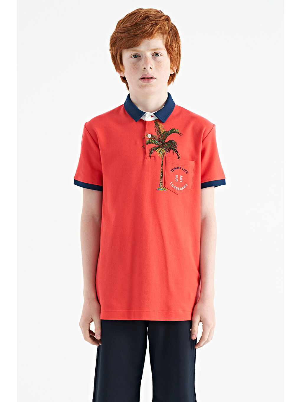 Kırmızı Coral Baskılı Cep Detaylı Standart Kalıp Polo Yaka Erkek Çocuk Tişört - 11144