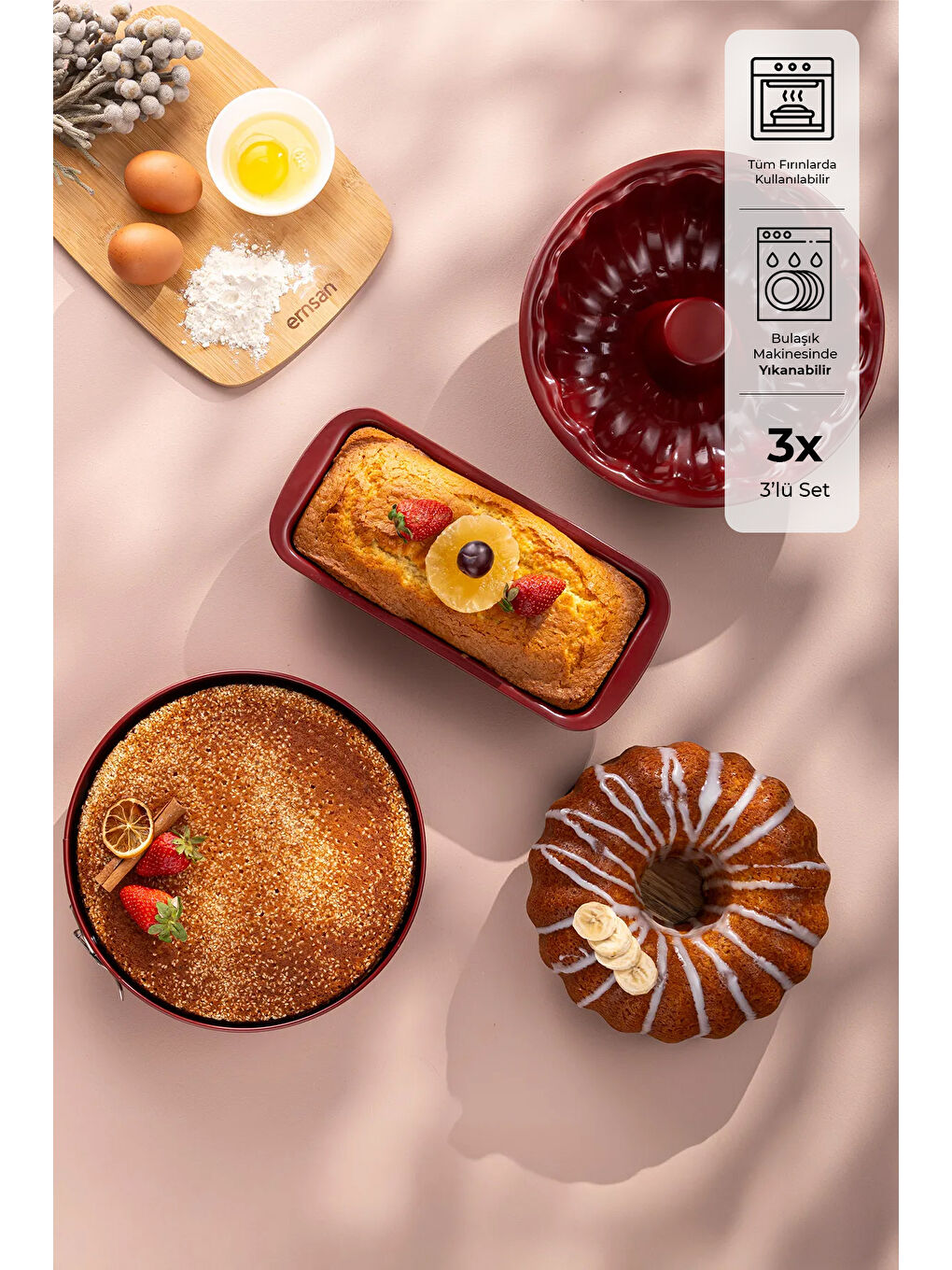 Wellbake 3'lü Kek Kalıbı Seti Bordo-1