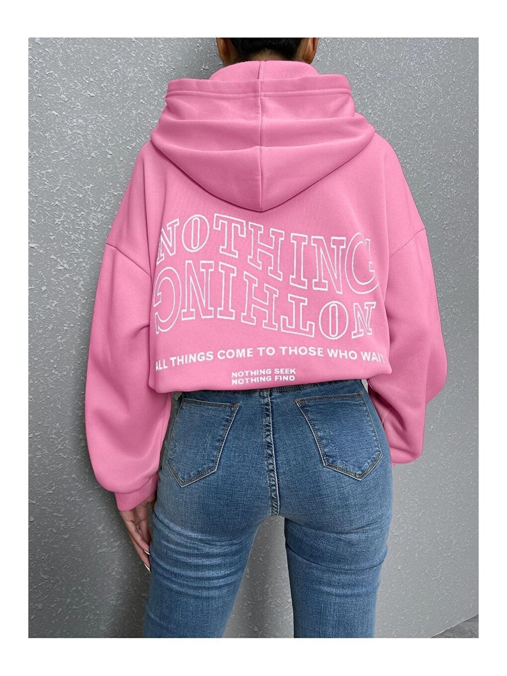 Trendseninle Pembe Kadın PEMBE Ters Düz Nothing Baskılı Oversize Sweatshirt - 4