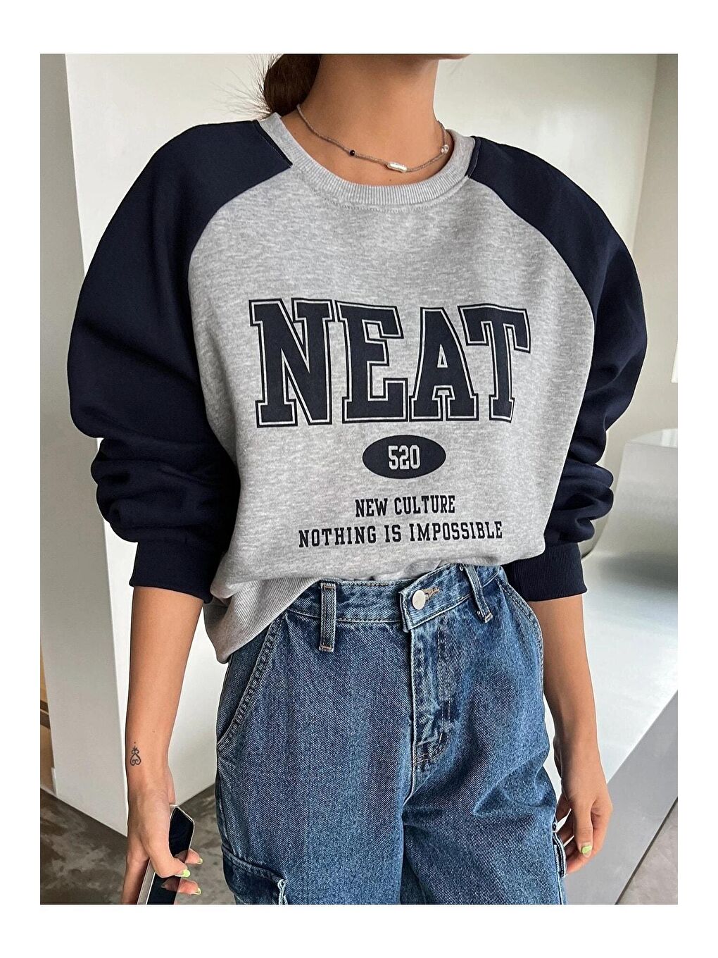 Gri Kadın GRİ Neat 520 Baskılı Oversize Sweatshirt