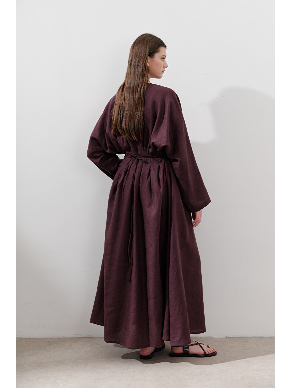 Keten Pile Detaylı Elbise Mürdüm-7