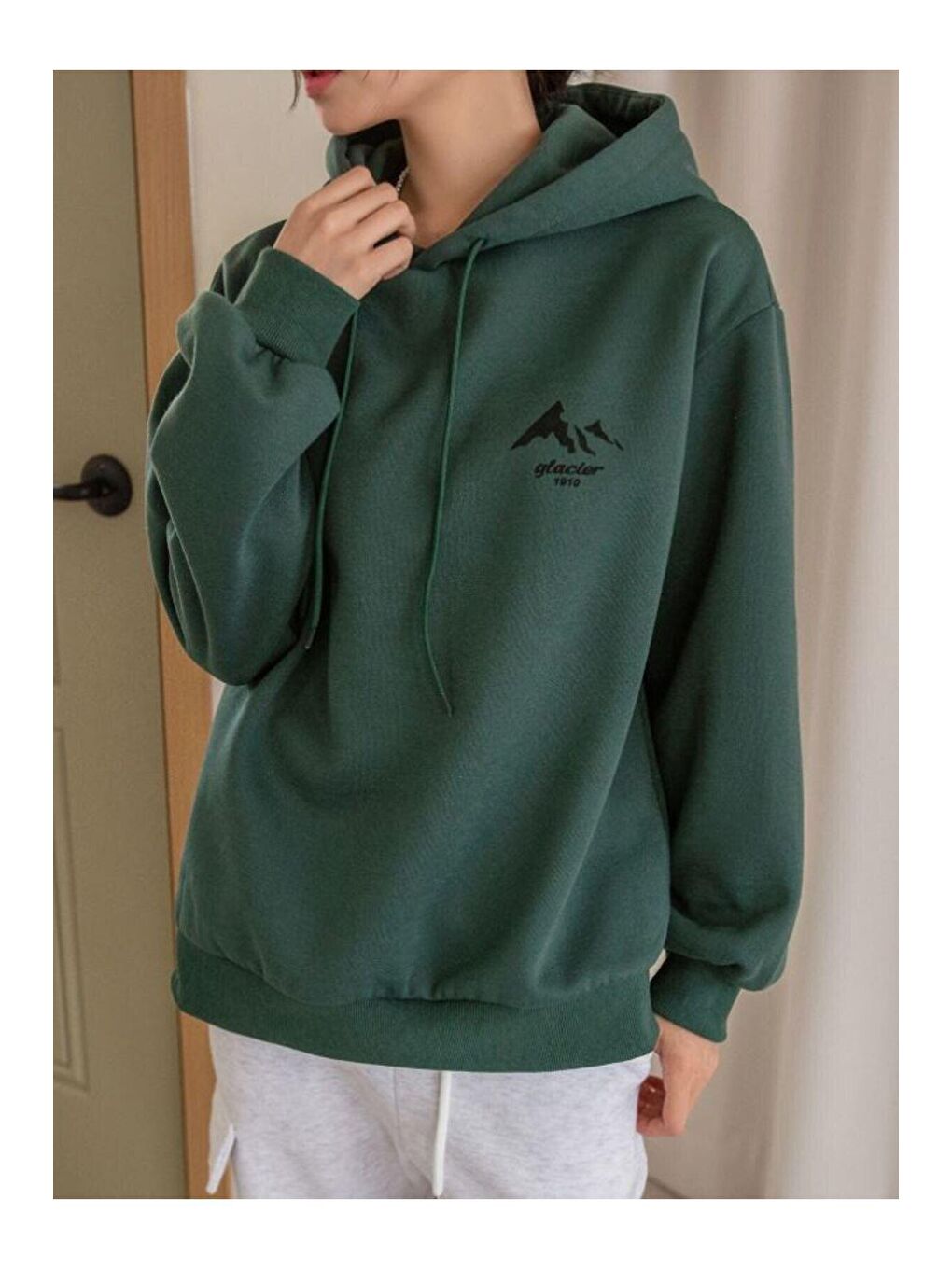 Trendseninle Yeşil Kadın YEŞİL Mountain Glacier Baskılı Kapüşonlu Sweatshirt - 2