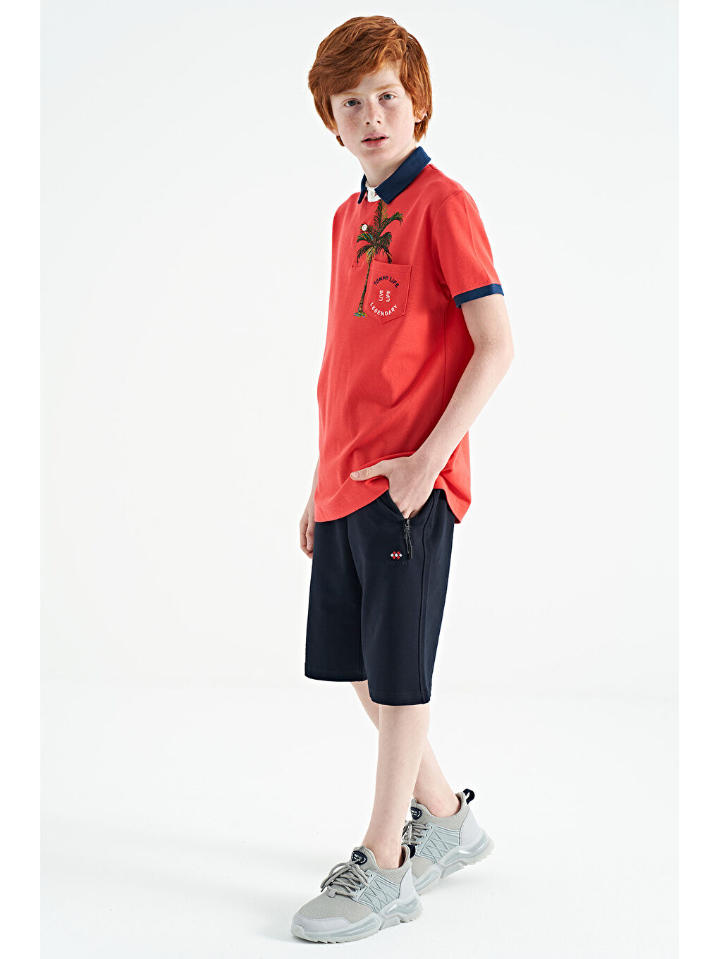 Kırmızı Coral Baskılı Cep Detaylı Standart Kalıp Polo Yaka Erkek Çocuk Tişört - 11144-4
