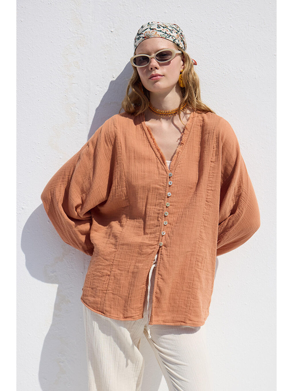 Muslin Düğmeli Gömlek Turuncu