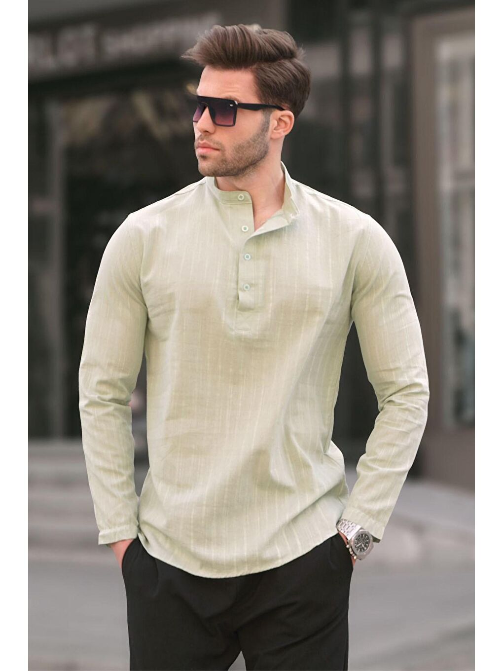 Mint Yeşili Keten Görünümlü Regular Kalıp Erkek Gömlek 5586