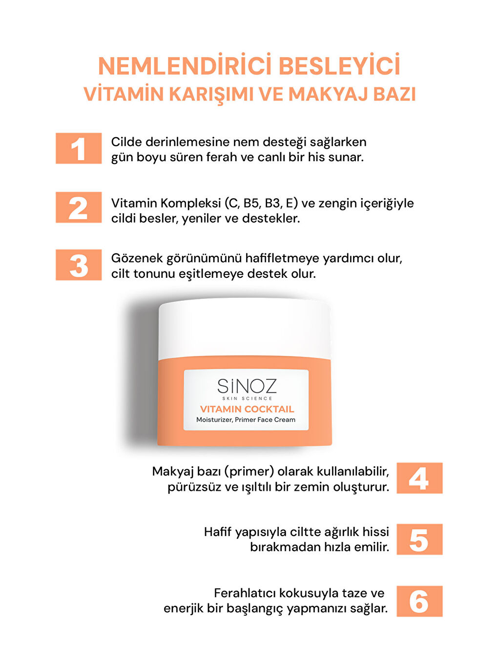 Vitamin Kokteyl-Nemlendirici Besleyici Onarıcı Yüz Kremi (Vitamin C+ B3 +B5 +E) ve Makyaj Bazı 50Ml-1