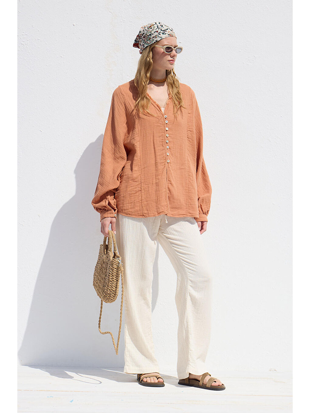 Muslin Düğmeli Gömlek Turuncu-1