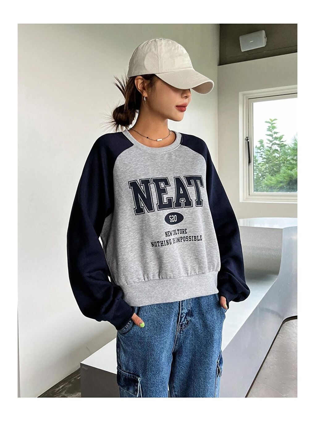 Gri Kadın GRİ Neat 520 Baskılı Oversize Sweatshirt-2