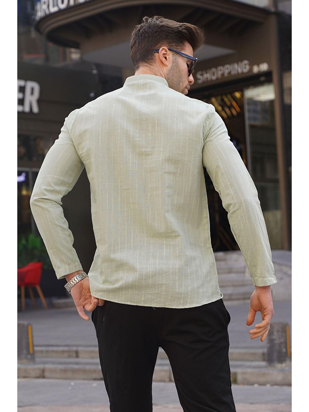 Mint Yeşili Keten Görünümlü Regular Kalıp Erkek Gömlek 5586-1