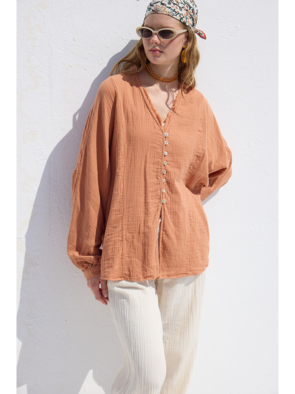 Muslin Düğmeli Gömlek Turuncu-2