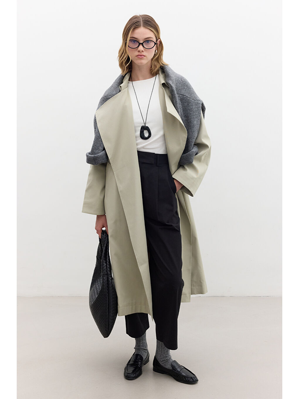 Oversize Geniş Yaka Trençkot Yeşil