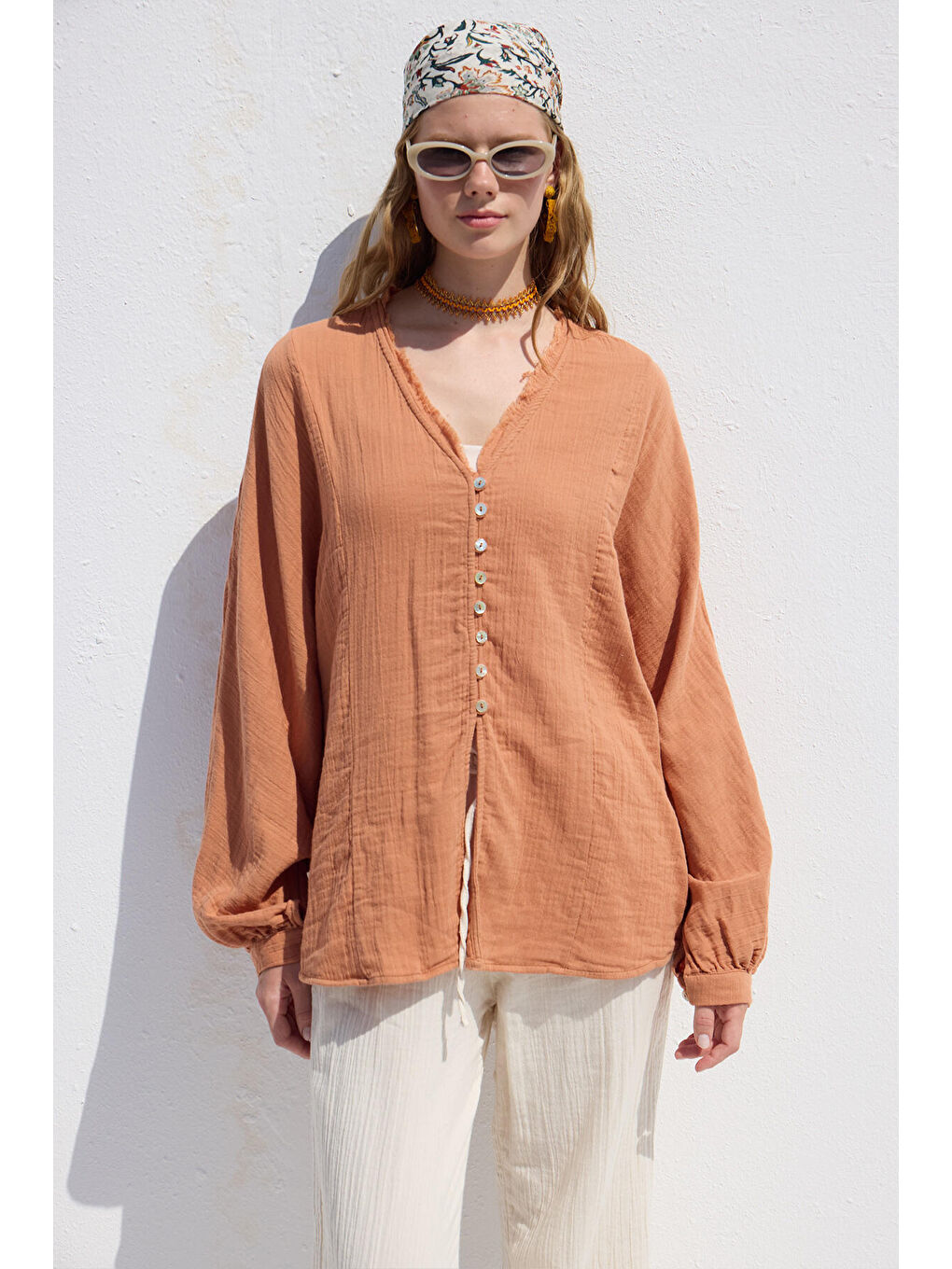 Muslin Düğmeli Gömlek Turuncu-3