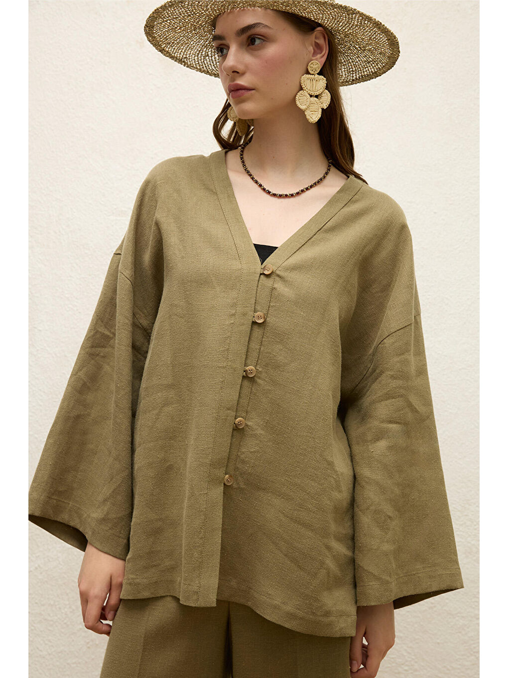 Düğmeli Keten Gömlek Haki-3