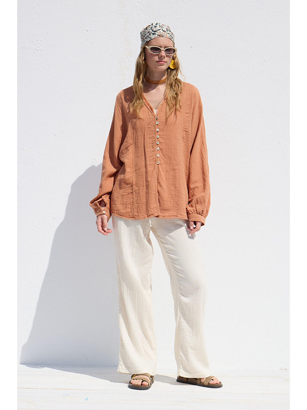 Muslin Düğmeli Gömlek Turuncu-4