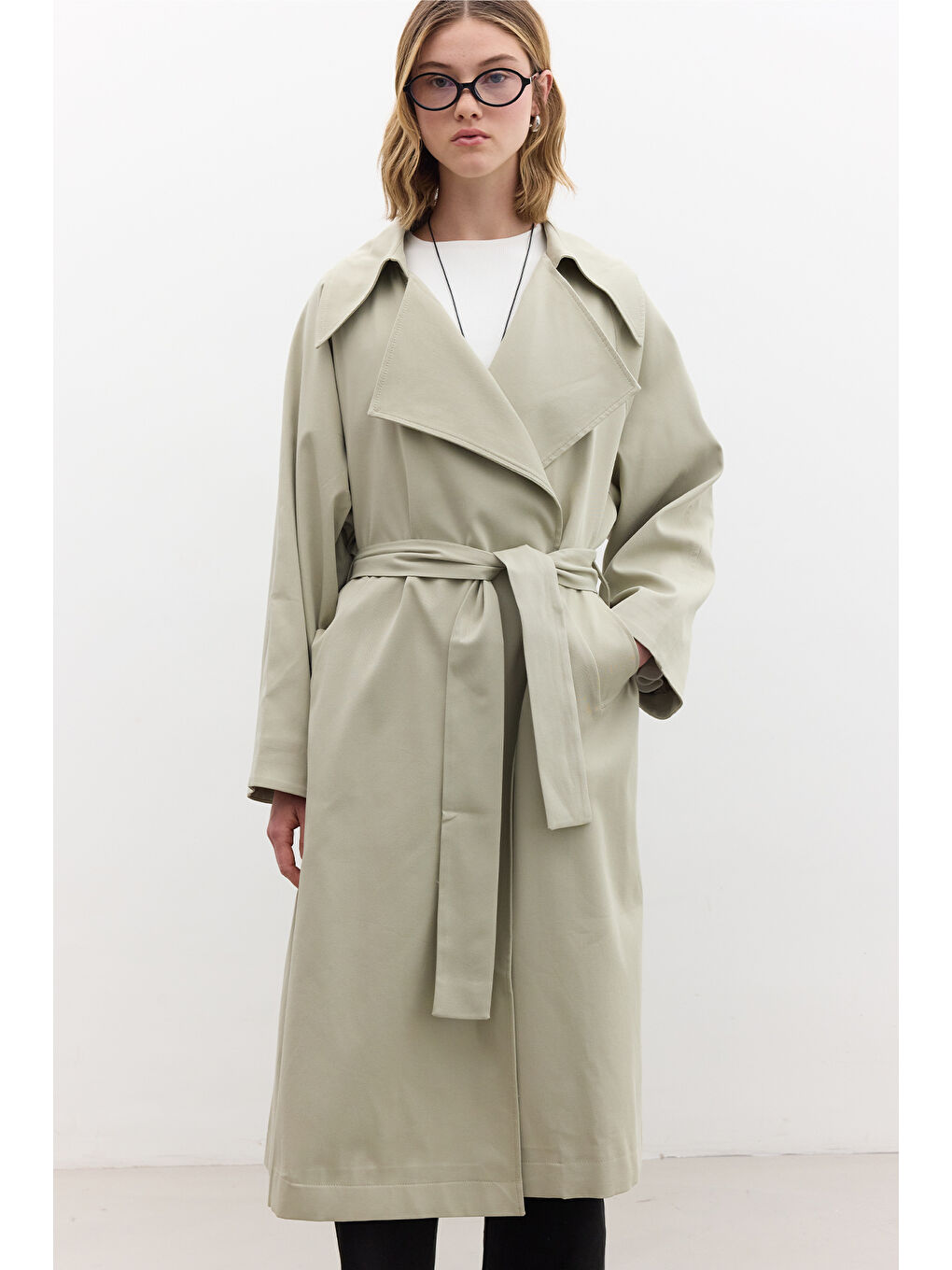 Oversize Geniş Yaka Trençkot Yeşil-1