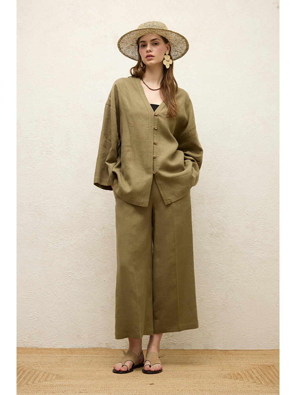 Düğmeli Keten Gömlek Haki-4