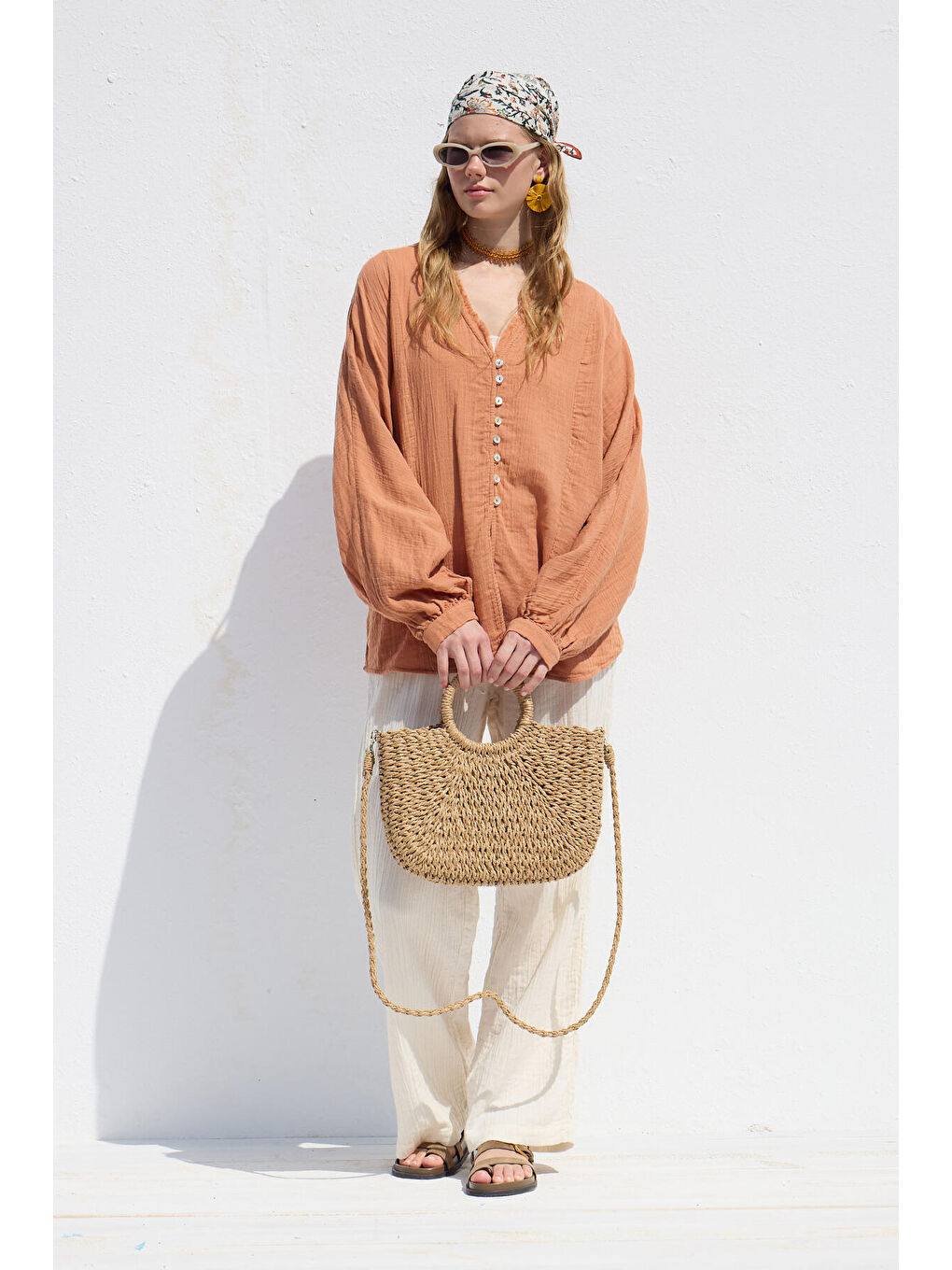 Muslin Düğmeli Gömlek Turuncu-6