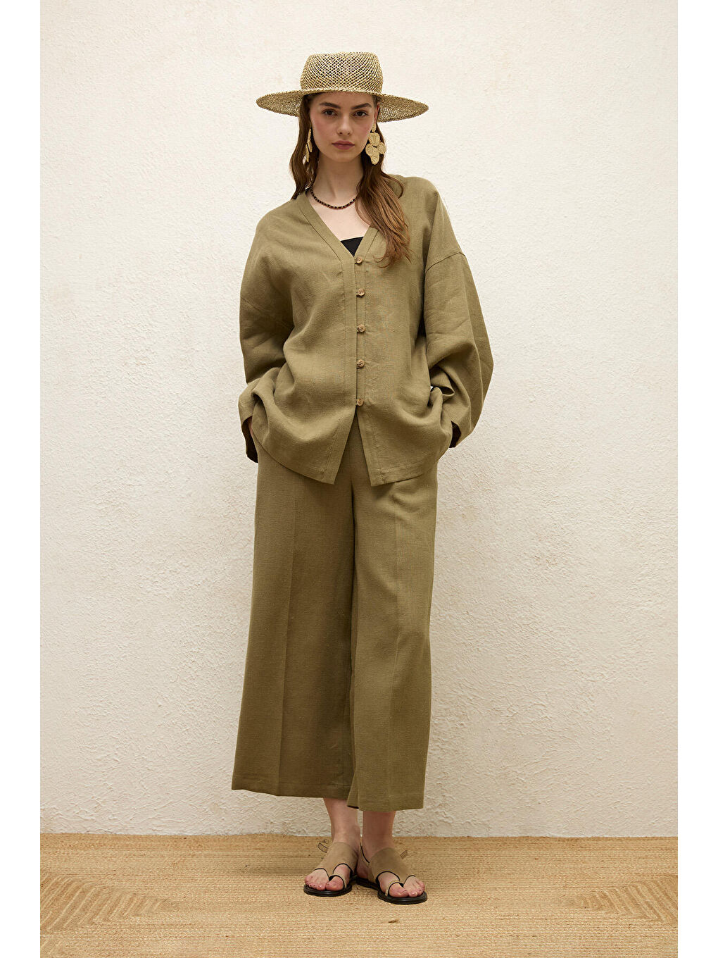 Düğmeli Keten Gömlek Haki-5