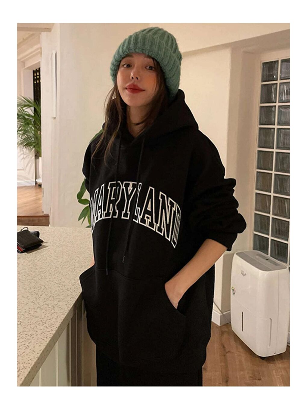 Trendseninle Siyah Kadın SİYAH Maryland Baskılı Kapüşonlu Sweatshirt - 1