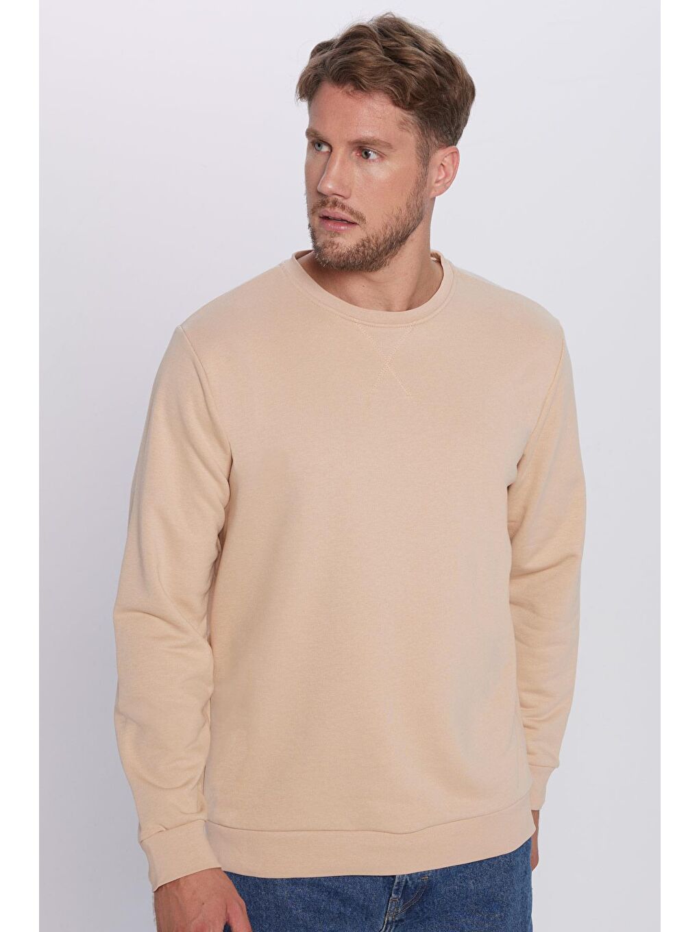 Unisex Oversize Geniş Kesim Pamuklu Basic Bej Bisiklet Yaka Sweatshirt