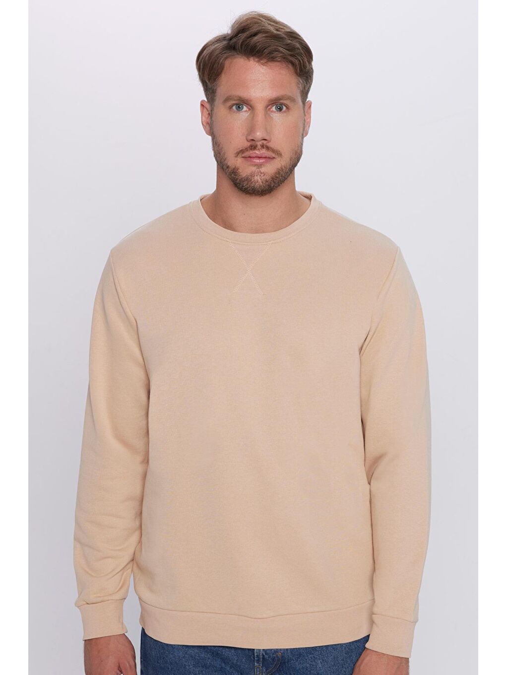 Unisex Oversize Geniş Kesim Pamuklu Basic Bej Bisiklet Yaka Sweatshirt-1