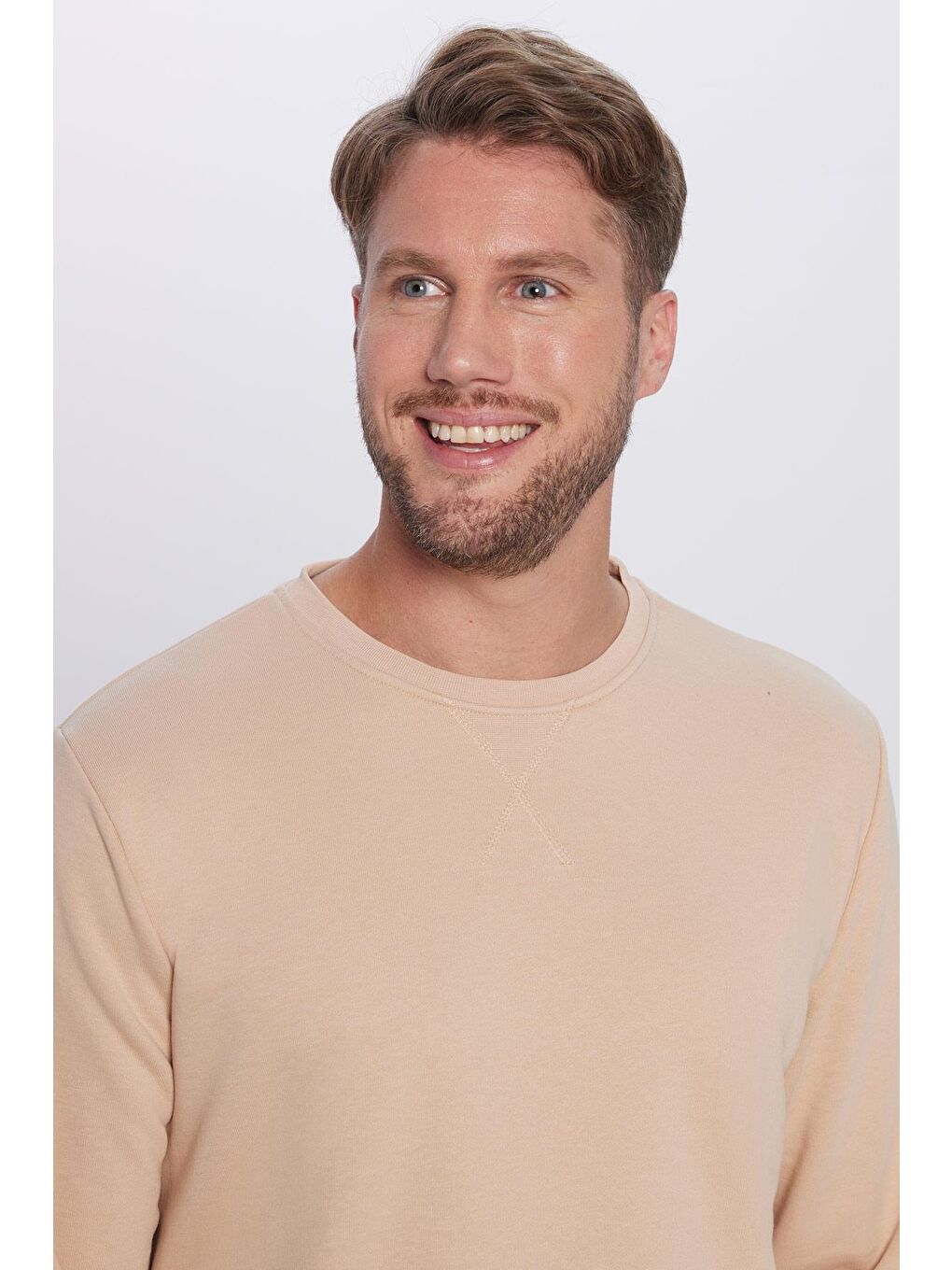 Unisex Oversize Geniş Kesim Pamuklu Basic Bej Bisiklet Yaka Sweatshirt-2