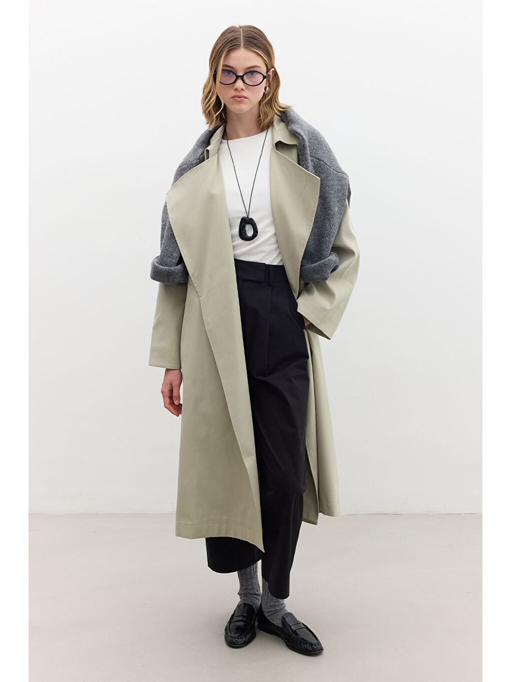 Oversize Geniş Yaka Trençkot Yeşil-2