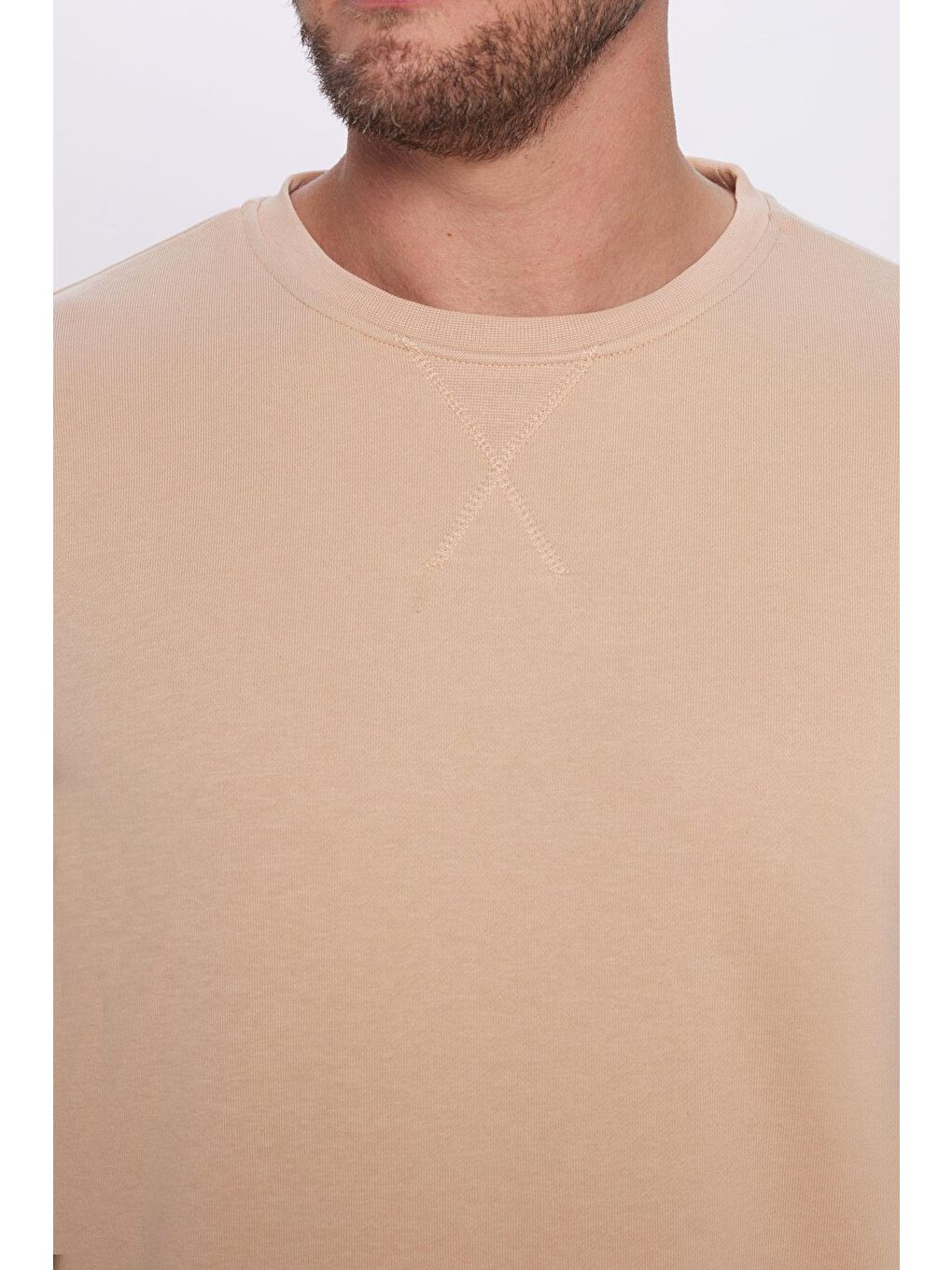 Unisex Oversize Geniş Kesim Pamuklu Basic Bej Bisiklet Yaka Sweatshirt-3