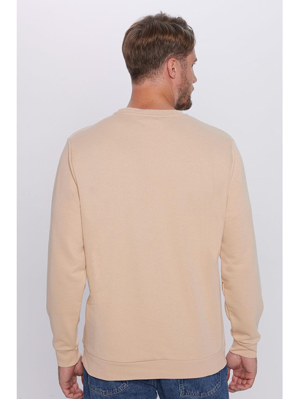 Unisex Oversize Geniş Kesim Pamuklu Basic Bej Bisiklet Yaka Sweatshirt-4