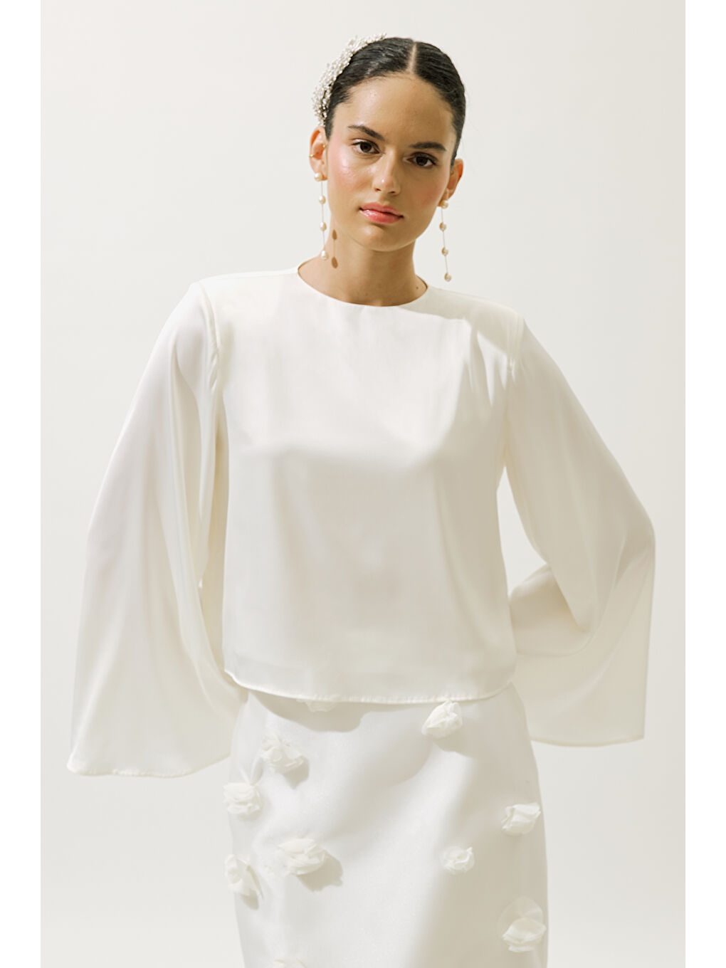 Saten Geniş Kol Bluz Ekru-2