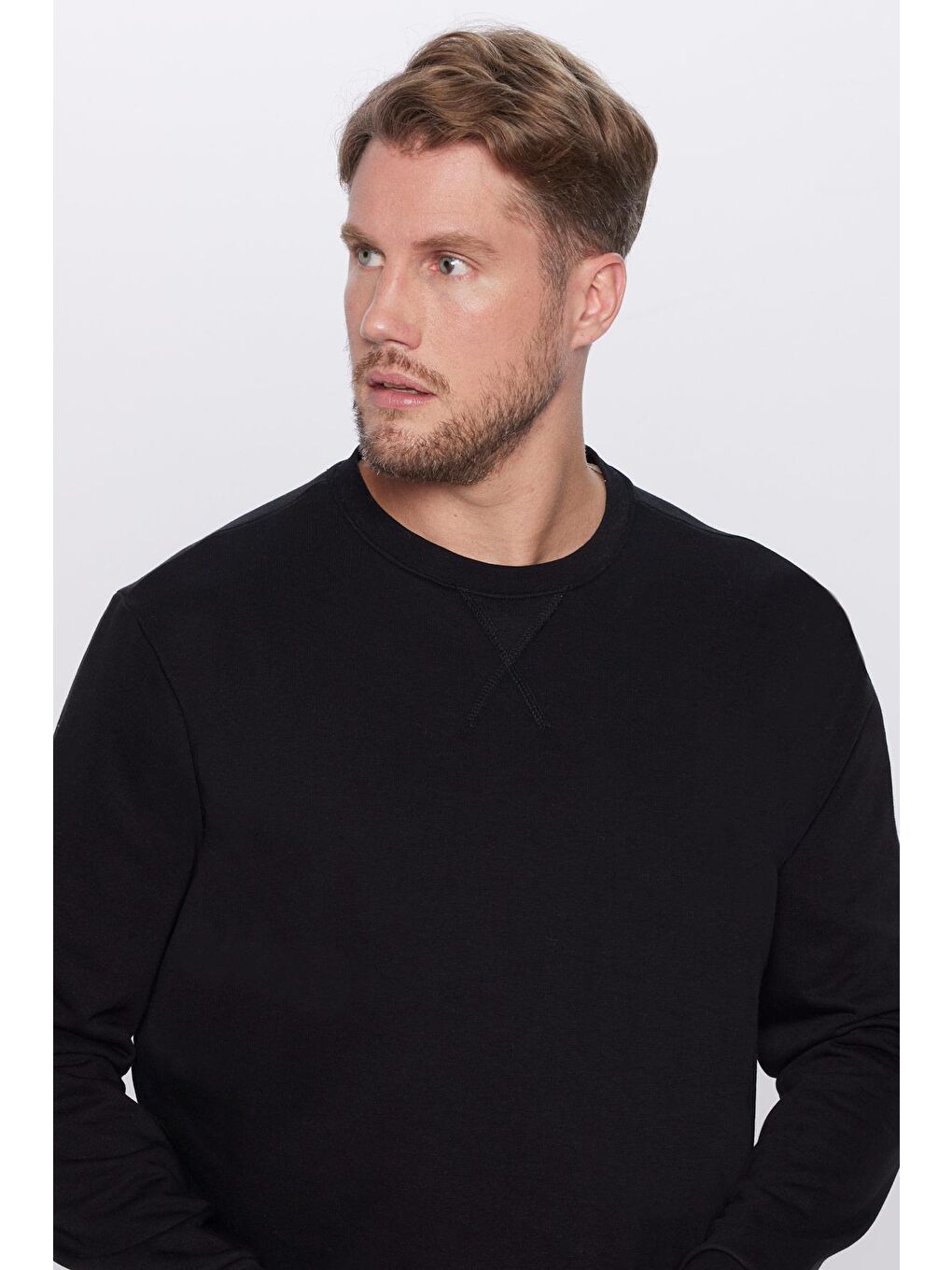 Unisex Oversize Geniş Kesim Pamuklu Basic Siyah Bisiklet Yaka Sweatshirt