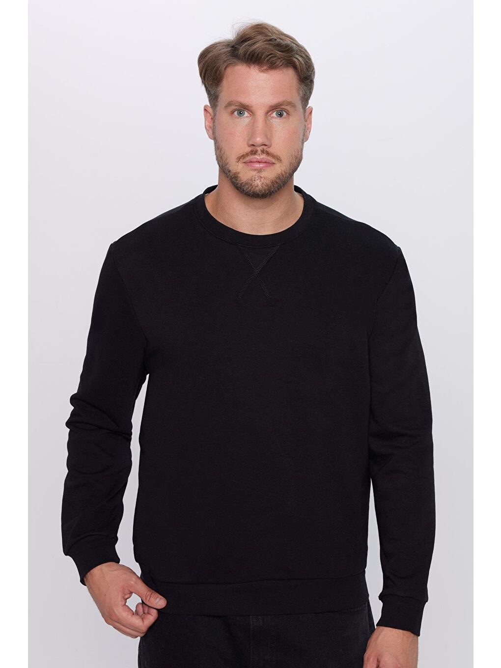 Unisex Oversize Geniş Kesim Pamuklu Basic Siyah Bisiklet Yaka Sweatshirt-1