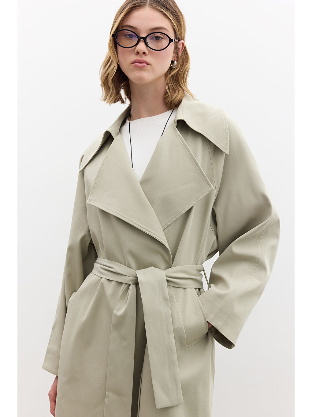 Oversize Geniş Yaka Trençkot Yeşil-3