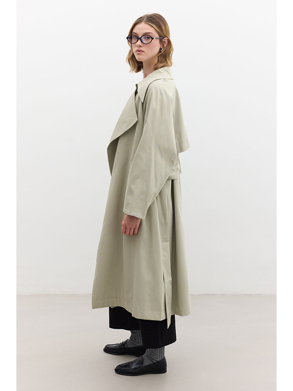 Oversize Geniş Yaka Trençkot Yeşil-4