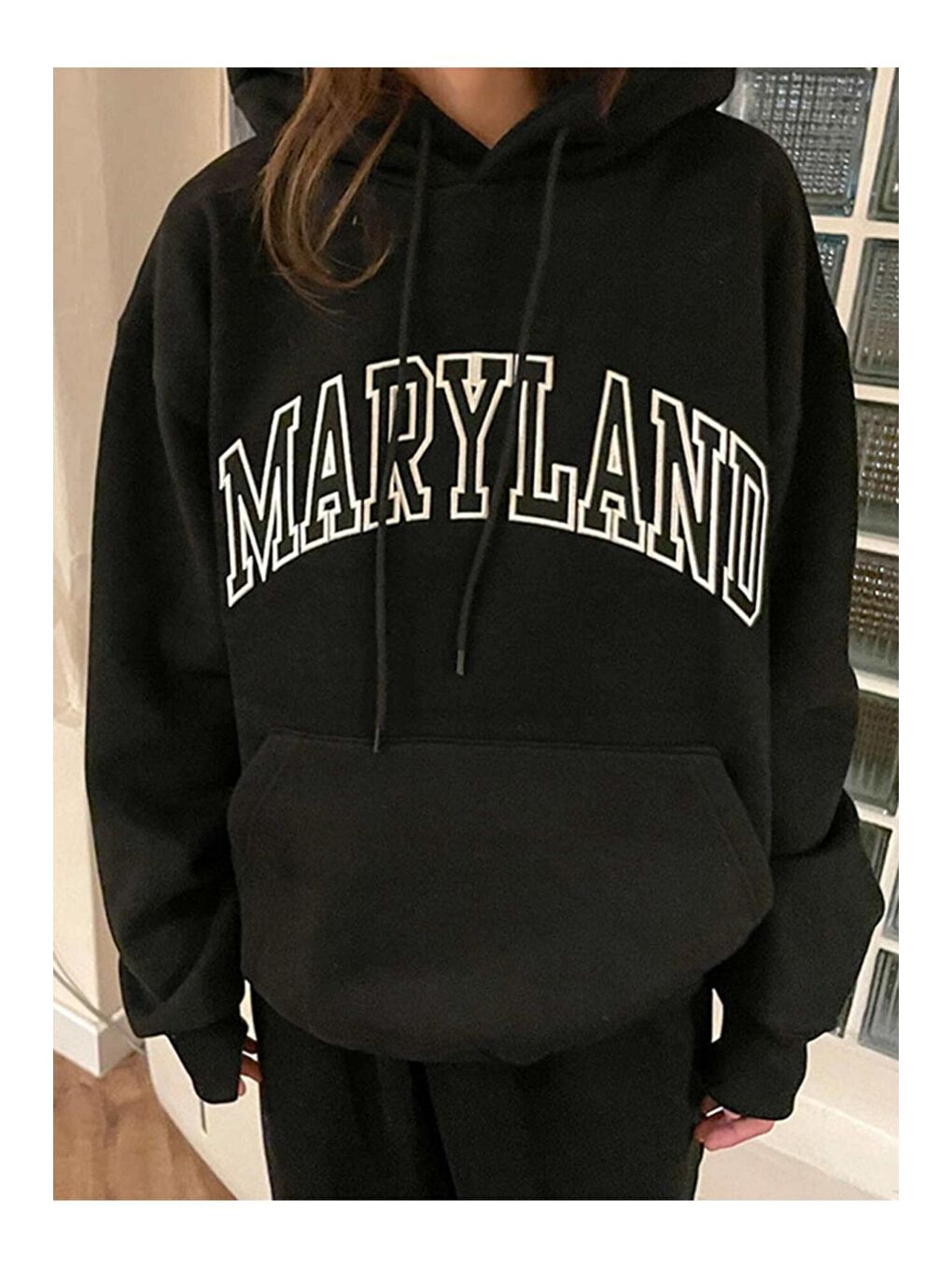 Trendseninle Siyah Kadın SİYAH Maryland Baskılı Kapüşonlu Sweatshirt - 3