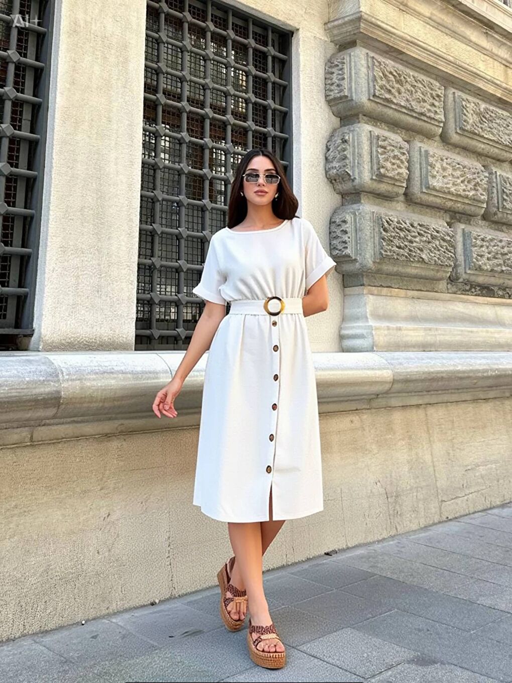 Ekru Kadın Krem Kemerli Düğmeli Yazlık Keten Görünümlü  Viskon Elbise HZL23S-BD123891-1