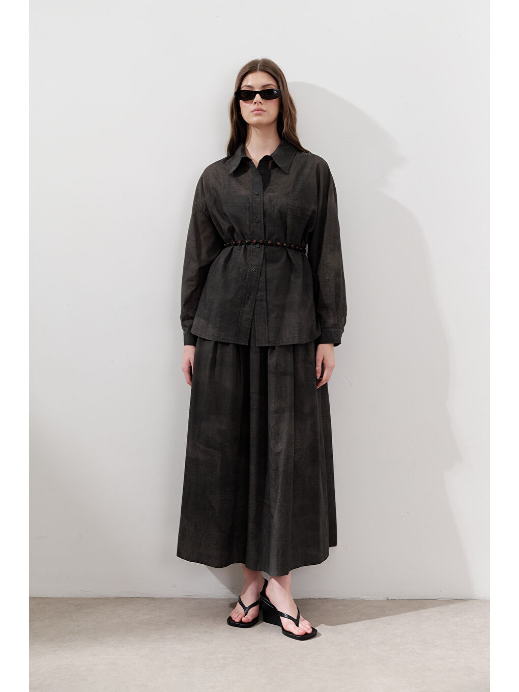 Desenli Pamuklu Hafif Gömlek Antrasit-5