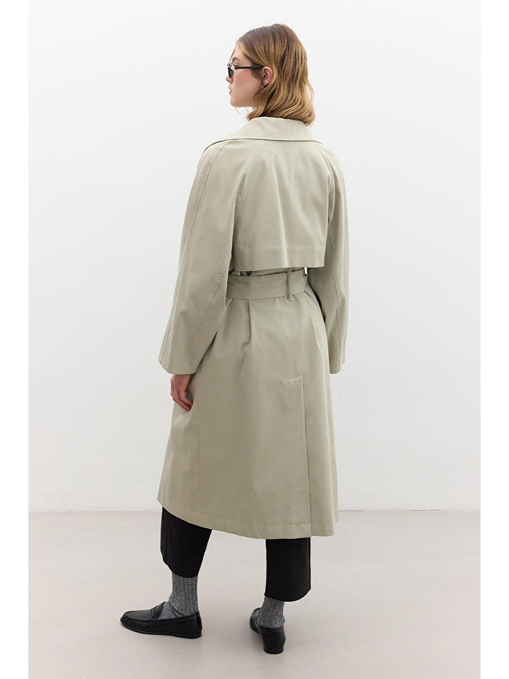 Oversize Geniş Yaka Trençkot Yeşil-5